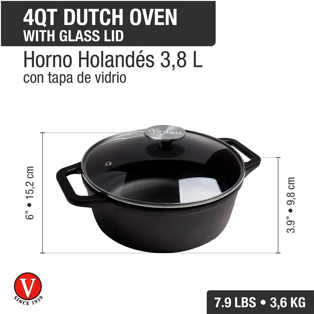 Olla Holandesa Victoria en Hierro Fundido Esmaltada de 3.8 Litros T/Vidrio