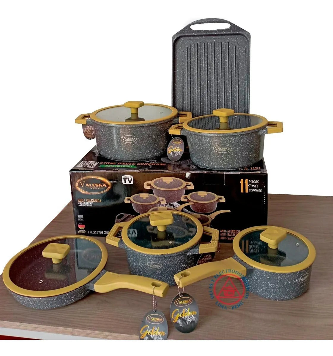 Juego De Ollas en Roca Volcánica Valeska 11 Piezas con Parrilla