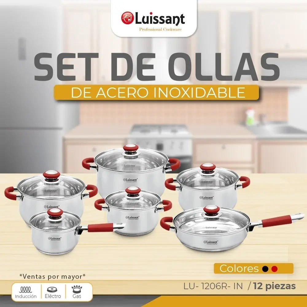 Ollas Luissant de 12 Pcs En Acero Inoxidable 18/10 Tapa Vidrio LU-1206R-IN