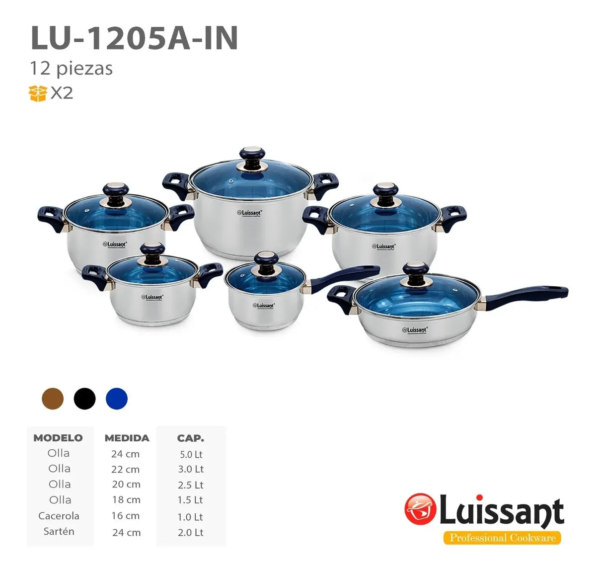 Ollas Luissant de 12 Pcs En Acero Inoxidable 18/10 Tapa Vidrio LU-1205A-IN