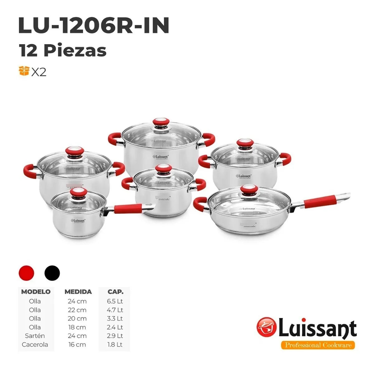 Ollas Luissant de 12 Pcs En Acero Inoxidable 18/10 Tapa Vidrio LU-1206R-IN