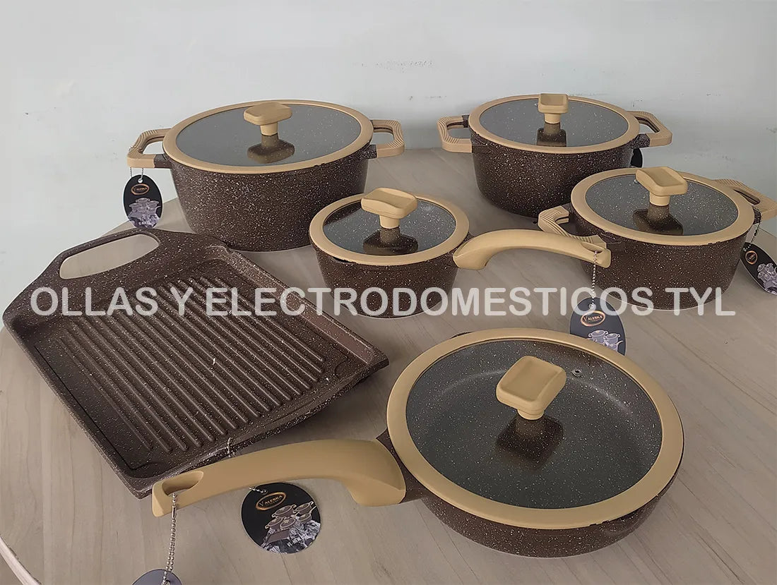 Juego De Ollas en Roca Volcánica Valeska 11 Piezas con Parrilla