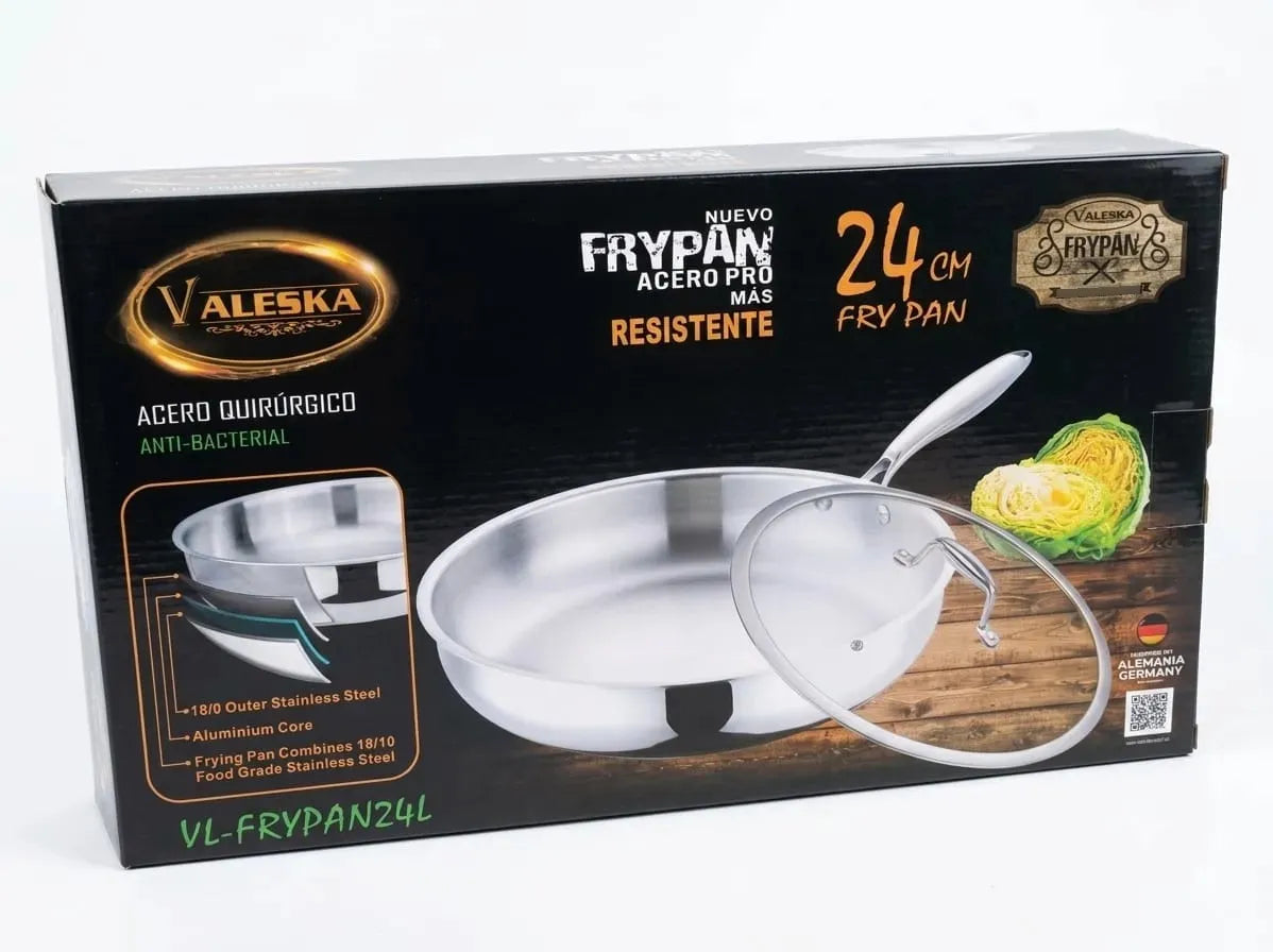 Sartén Valeska De 24cm Tapa Vidrio En Acero Quirúrgico VL-FRYPAN24 