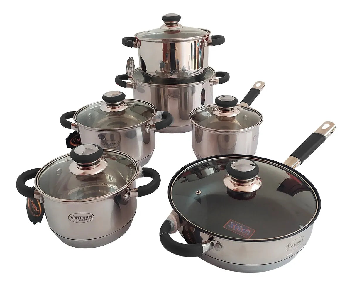 Olla En Acero Quirúrgico Valeska De 12 Piezas Tapa Vidrio