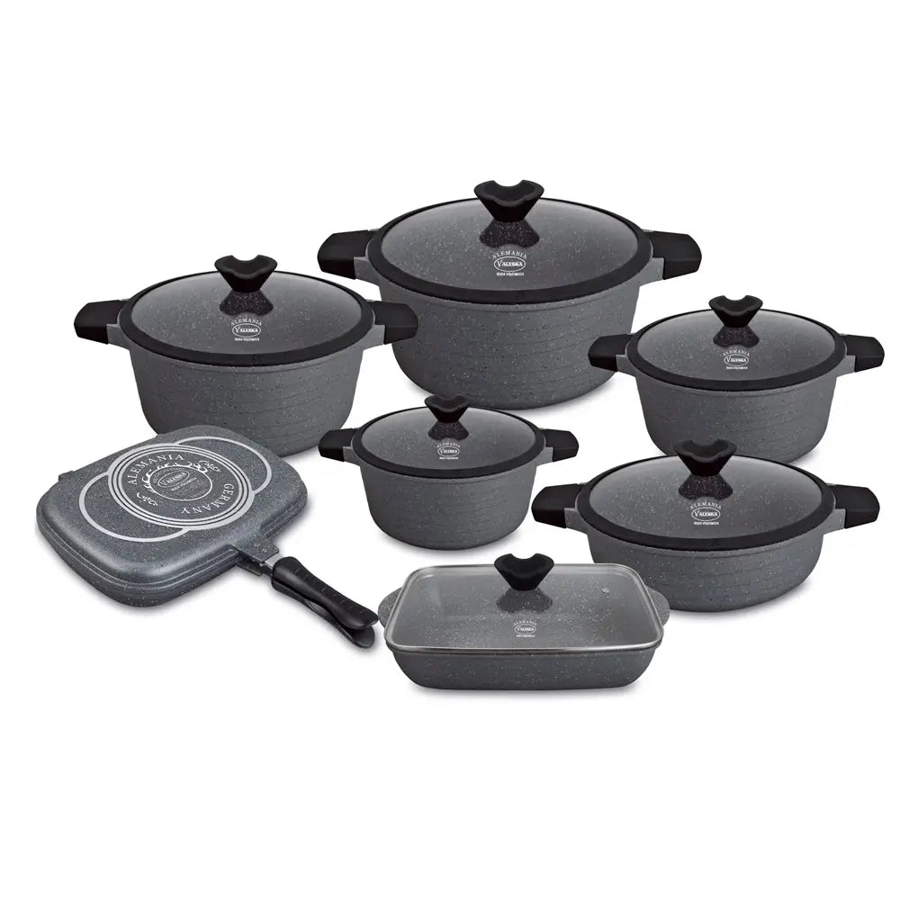 Ollas En Roca Volcánica Valeska De 13 Pcs Tapa Vidrio VL-RUBI13