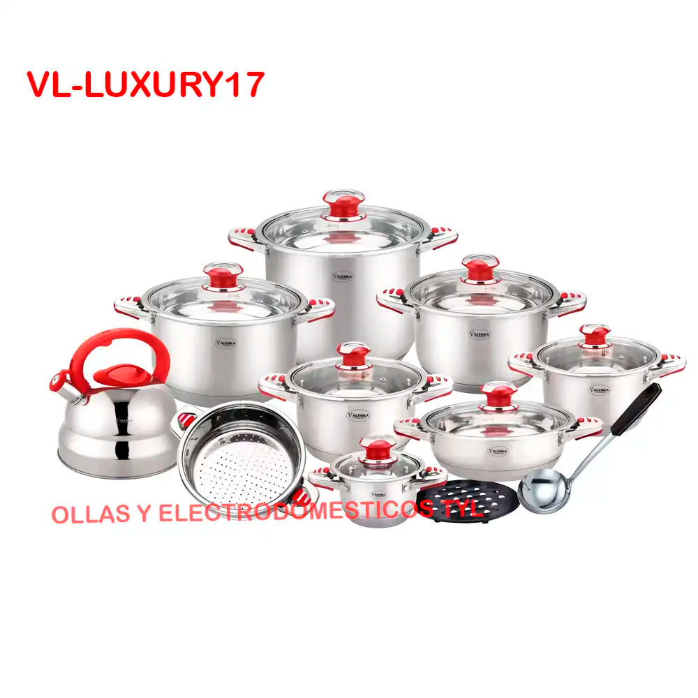 Juego de Ollas En Acero Quirurgico Valeska De 17 Pcs VL-LUXURY17 Tapa de Vidrio
