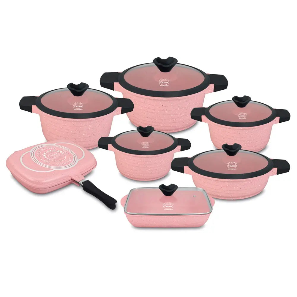 Ollas En Roca Volcánica Valeska De 13 Pcs Tapa Vidrio VL-RUBI13