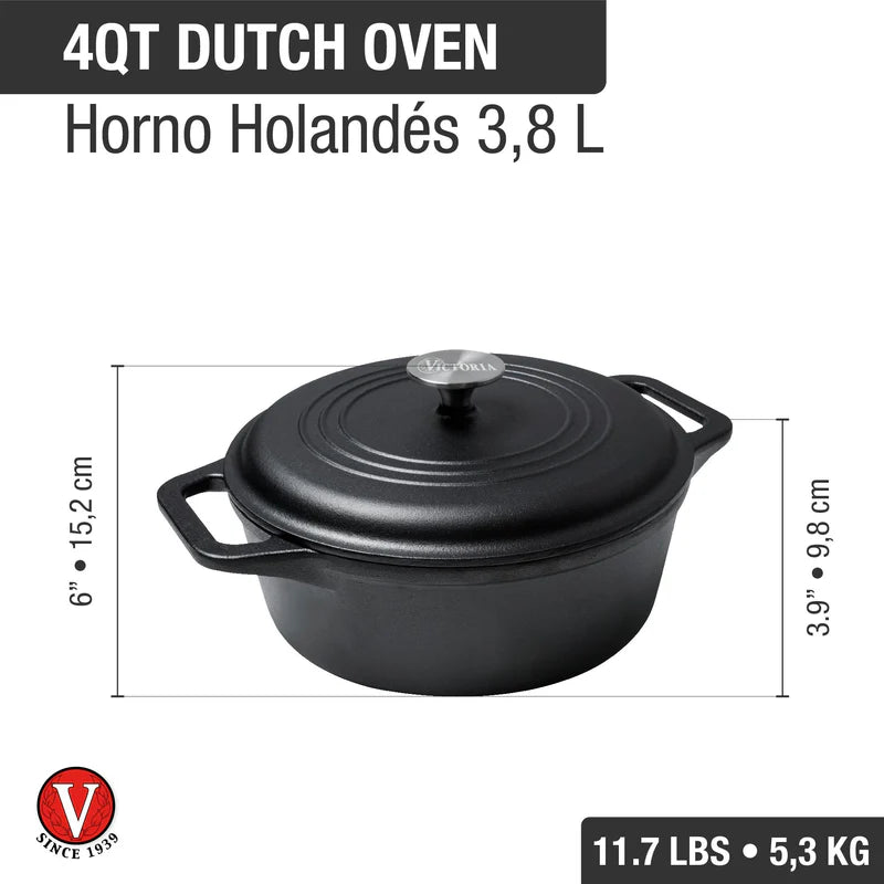 Olla Holandesa Victoria en Hierro Fundido Curada de 3.8 Litros