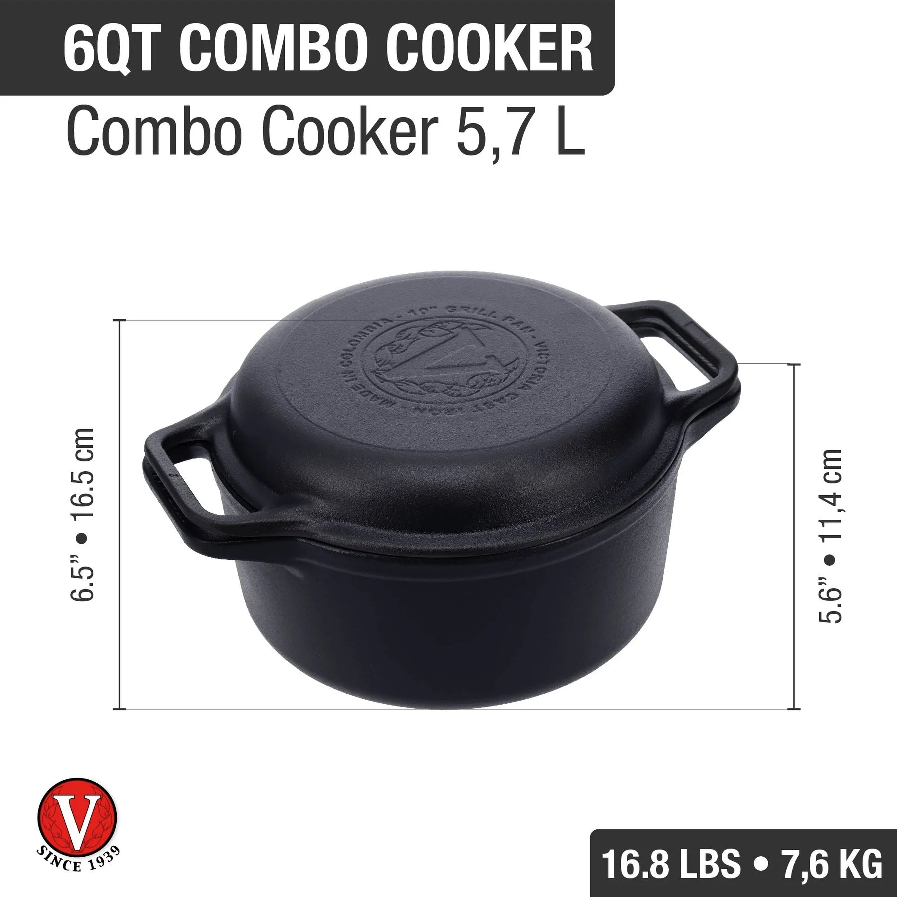 Olla Cooker Multi usos Victoria en Hierro Fundido Curada de 5.7 Litros
