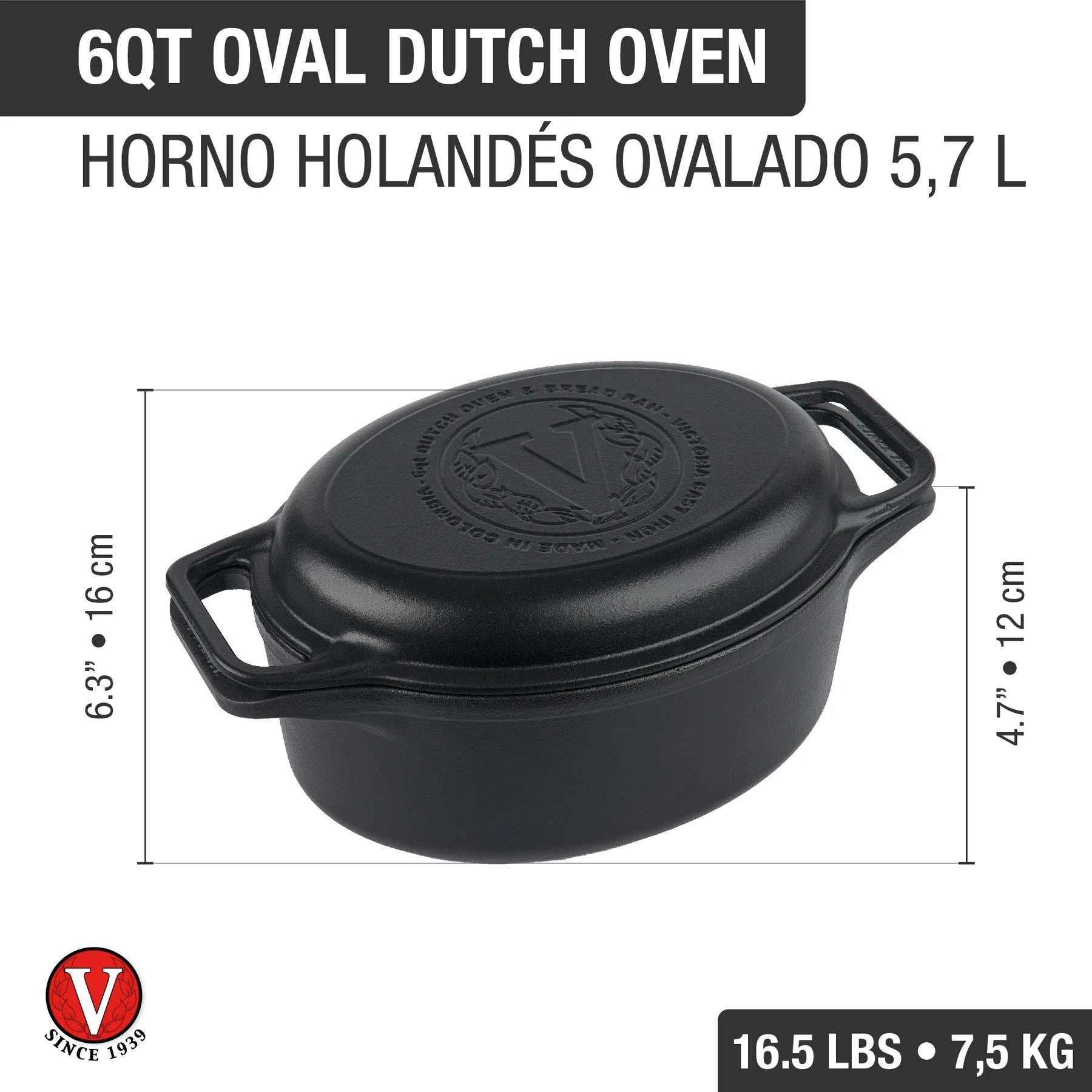 Olla Ovalado Multi usos Victoria en Hierro Fundido Curada de 5.7 Litros