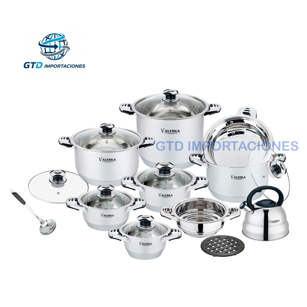 Juego de Ollas En Acero Quirurgico Valeska De 17 Pcs VL-LUXURY17 Tapa de Vidrio