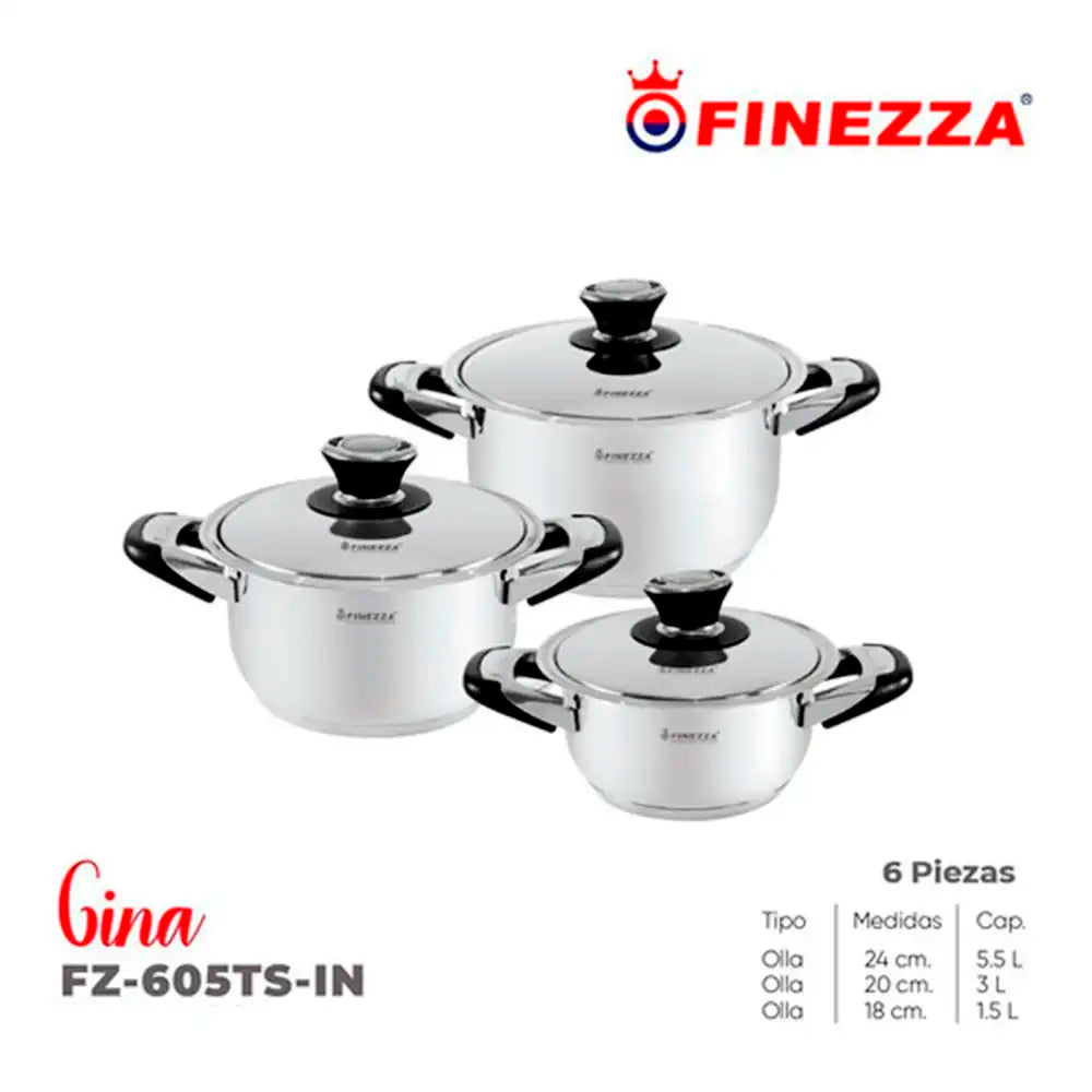 Juego De Ollas Finezza de 6 Piezas En Acero Inoxidable 18/10 con termostato FZ-605TS