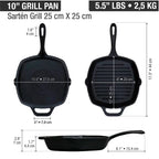 Sartén Grill Victoria en Hierro Fundido Curada de 25x25 cm